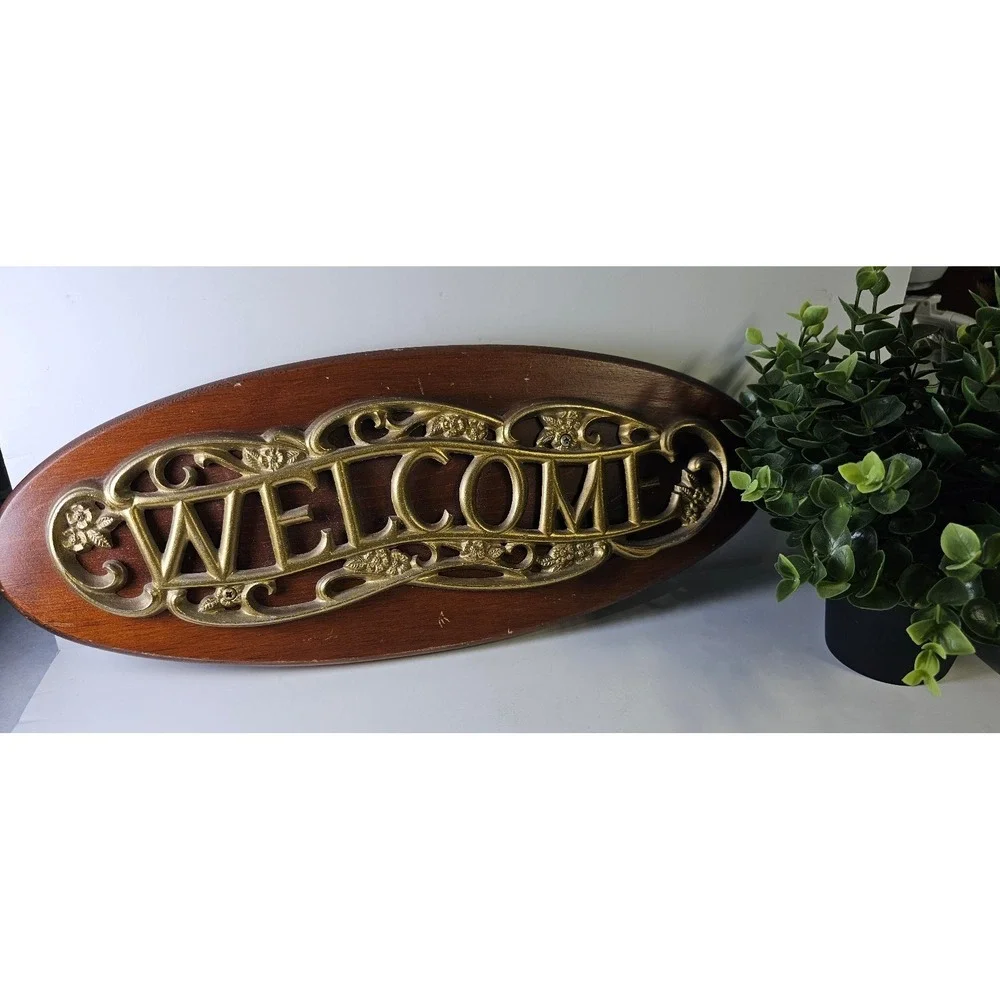 Vintage Brass Welcome Sign on Oval Wood Plaque 7x17 MCM Cottagecore Wall Decor